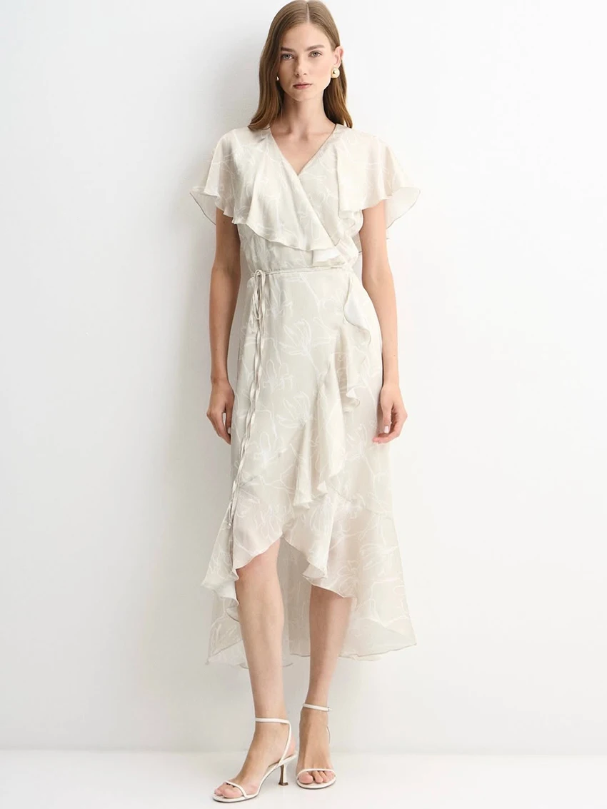 

Clacive Summer Loose Apricot Women's Dress 2026 Sexy V-Neck Short Sleeve Midi Dresses Lady Elegant Classic Ruffles Female Dress