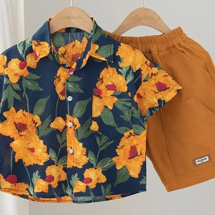 Boys short-sleeved 2026 new summer breathable thin baby trend Korean version flower shirt