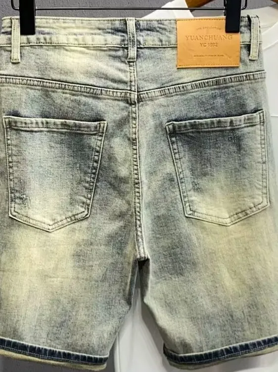 

Retro Waed Denim orts Men's Trendy Brand Slim Fit Five-Quarter Mid-Waist Summer Thin Cotton Polyester Casual orts