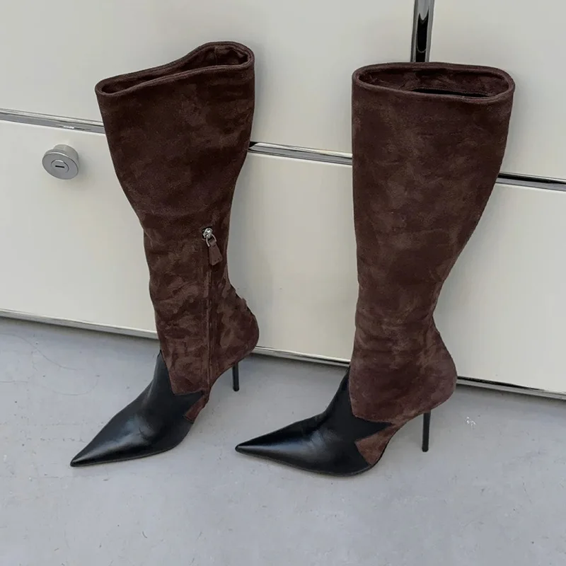 

Women's High-End Niche Pointed Toe Stiletto Slimming Side Zipper Knee High Knight Boots Not Over the Knee