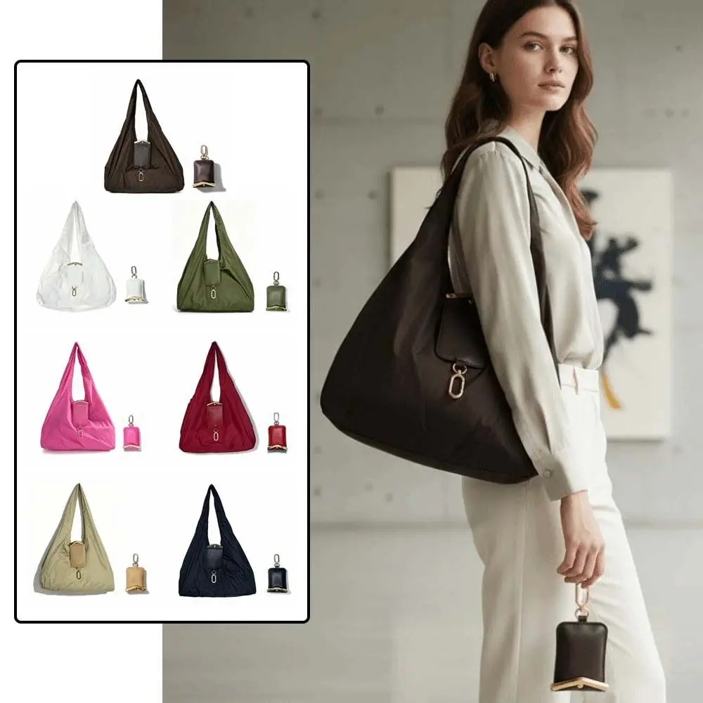 Solid Color Key Chain Tote Bag Mini Tear-Resistant Foldable Shopping Bag Quick-Folding Faux-Leather Case 2-in-1 Bag Charm Pouch