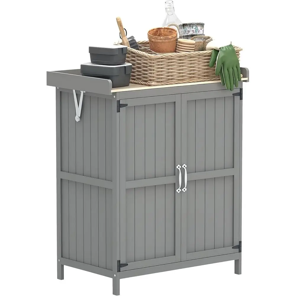 

Outdoor Storage Cabinet, Garden Tool Shed with Metal Tabletop and Shelf, Wooden Potting Bench with 2 Doors for Backyard, Patio,