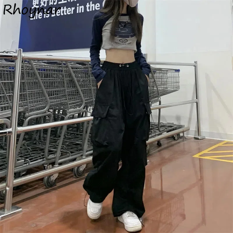 Hip-hop Pants Women Casual Streetwear Solid All-match Multi-pockets Ins Trendy Loose Fit High Waist Drawstring Cargo Trousers