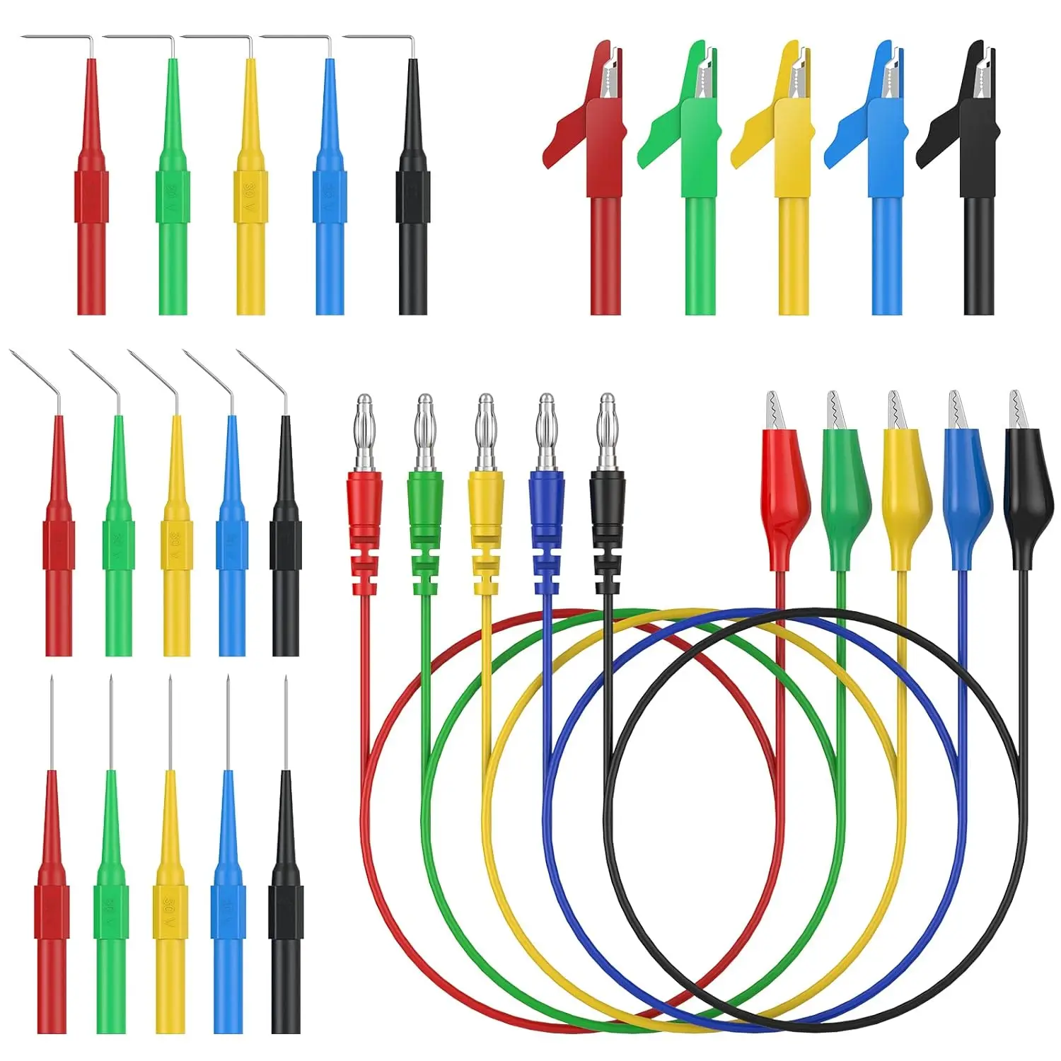 CAMWAY 25pcs Test Leads - 15 Back Probe Pins,5 Banana to Alligator Clips for Multimeter Circuit Testing