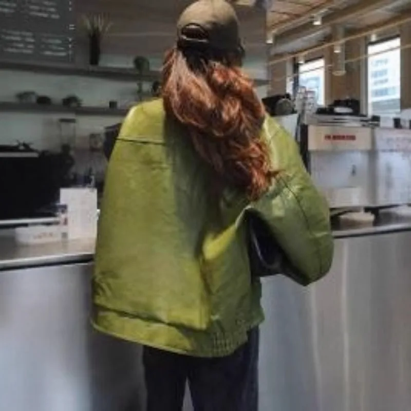 ファッショングリーンレザースリーブルーズジャケット女性用シックなラペルジッパー付きクロップドショートコート2024新作レディースカジュアルハイストリートアウターウェア