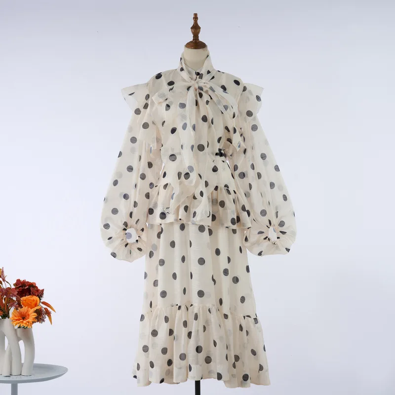 

Polka Dot Set Women's Spring New Scarf Collar Bubble Sve Long Hem Blouse Matching Skirt Street Sle Thiened Long Sve