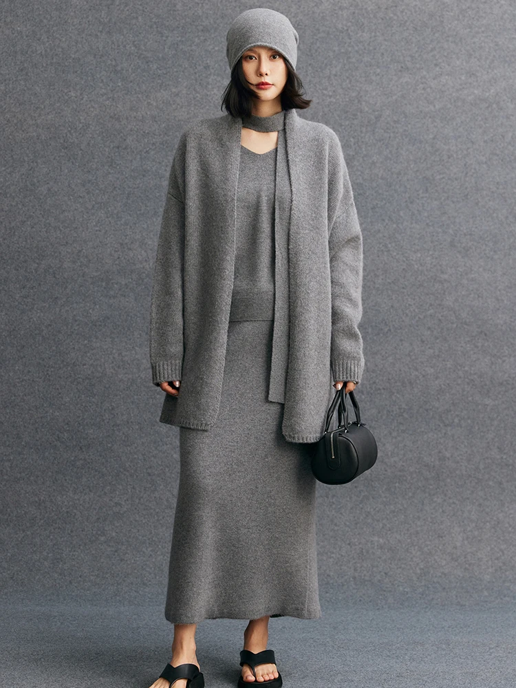 TLOML Women's 100% Cashmere Sweater Long Cardigan Autumn Winter Soft Thick Casual Loose Style Sweater Knitwear High quality Tops