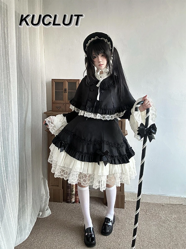 

Japanese Style College Sweet Lolita Dress Puffy Dress with Black Cape Two-Piece Set for Women Elegant Casual Long Sleeve Dresses
