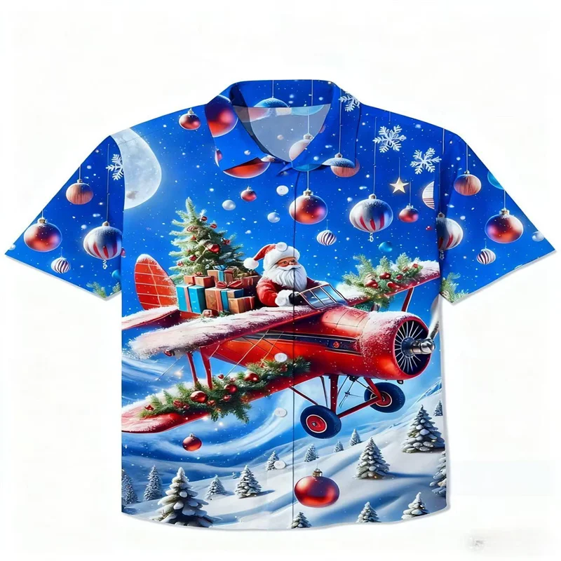 

2025 Men's Santa Claus Airplane Printed Chest Bag Short Sleeve Shirt Christmas Party Family