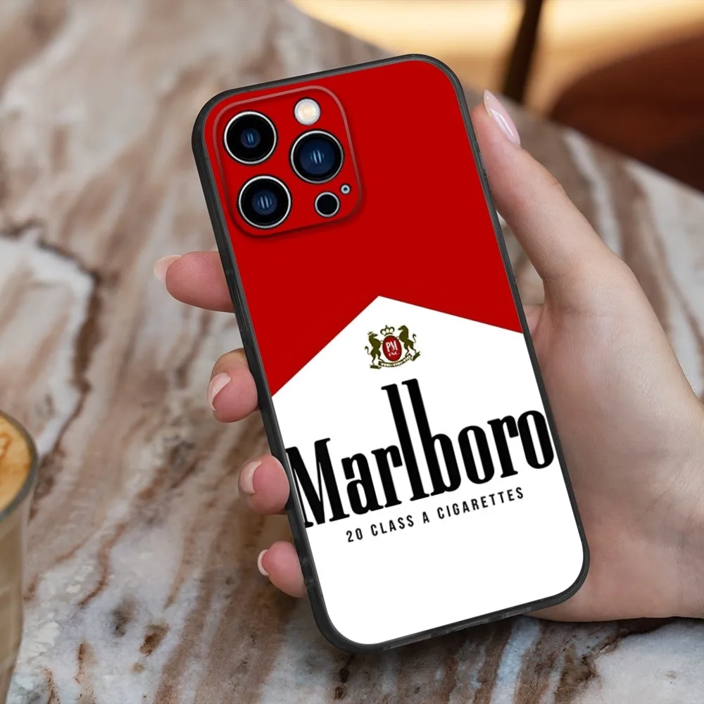 cigarette Phone Case For iPhone 16,15,14,13,12,11,Pro,X,XS,Max,XR,Plus,Mini M-Marlboro Silicone Black Shockproof TPU