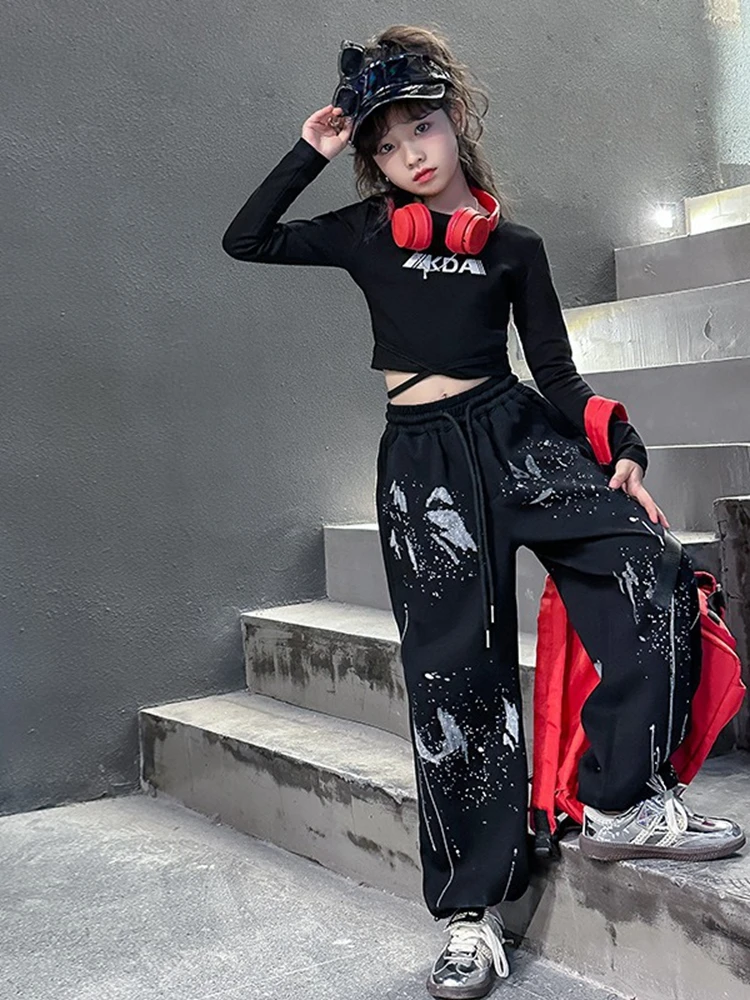 Ragazze Hip Hop Streetwear Crop Top Splash Ink pantaloni larghi bambino lettera t-shirt vestiti set adolescenti Cool Street Dance Jazz Costume