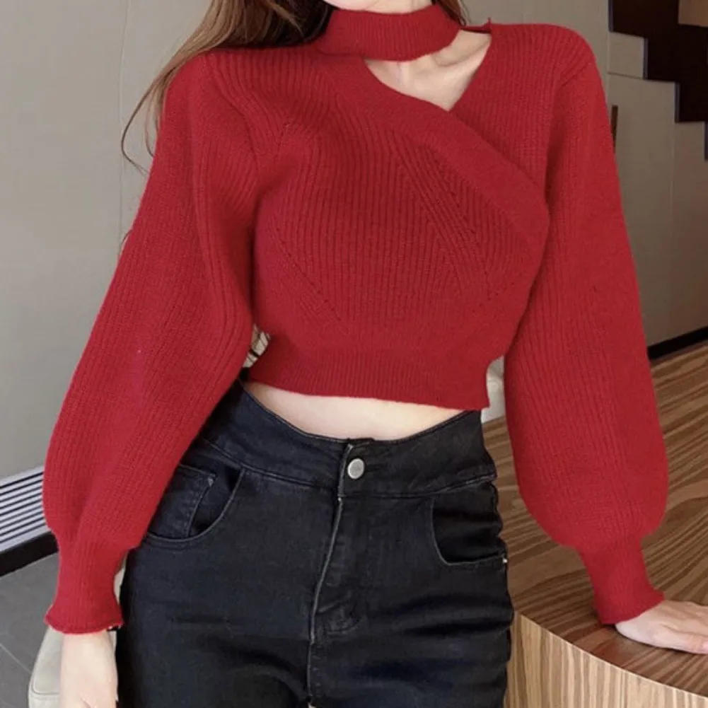 Women\'s Fall Winter Wrap V Neck Sweater Balloon Sleeves Ribbed Knitted Pullover Loose Jumper Tops