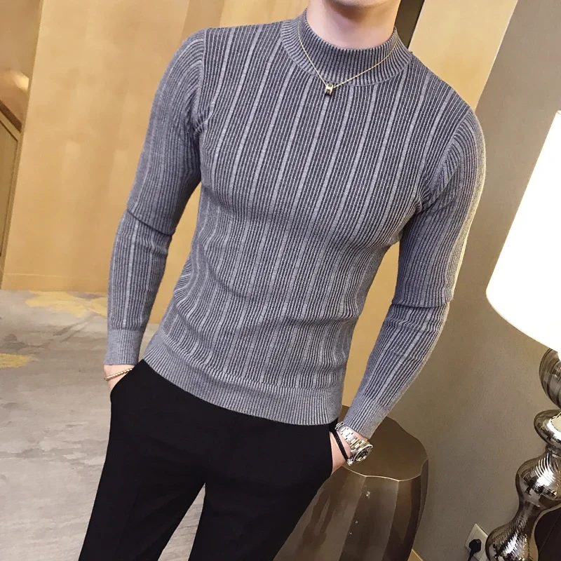 

Men's Pullover Sweaters 2024 Korean Casual Striped Solid Sweater Men Half High Collar Stretch Tight Sweater Slim Fit Knit Tops