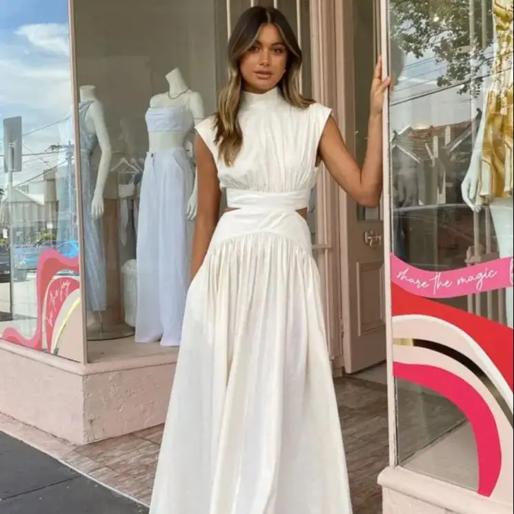 Summer Elegant Solid Pleated Maxi Dress For Women Fashion Sleeveless Cut Out Solid White Long Dresses Female Robes