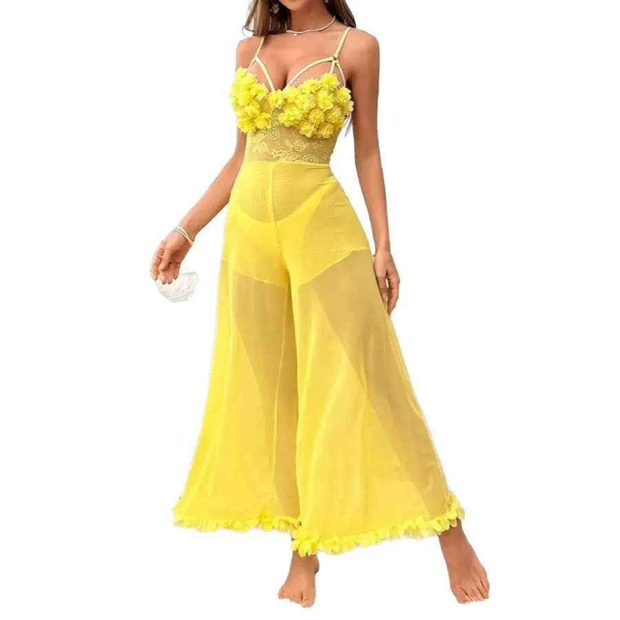 

Exquisite new sexy deep V-neck one-piece suspender lace long pants lingerie set 2OLN silk dress transparente