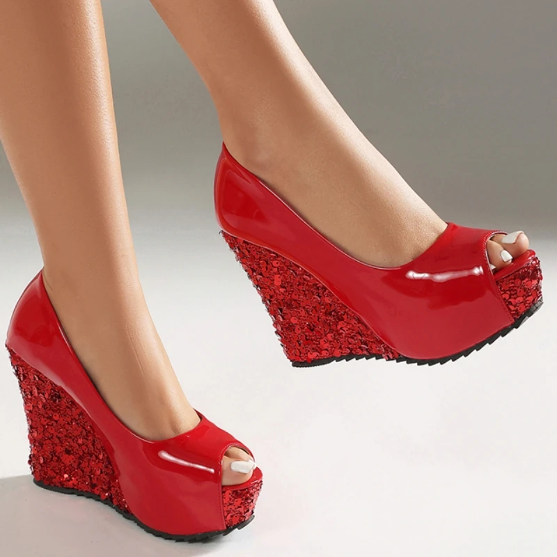 Luxury Women's High Heels Wedge Pumps Shoes Big Size Peep toe Pink Red Black Wedges Heeled Dress Wedding Party Shoes Ladies 2026 view 4