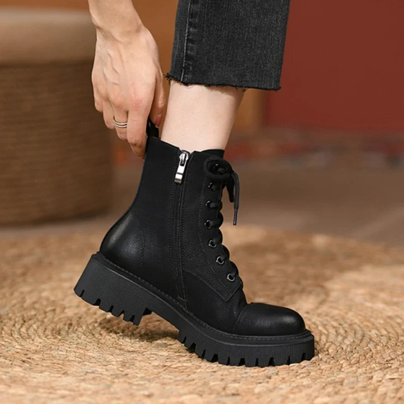 HOT Fall Shoes Round Toe Thick Heel Women Shoes Winter Women Boots Split Leather Boots Casual Platform Boots Motorcycle Boots