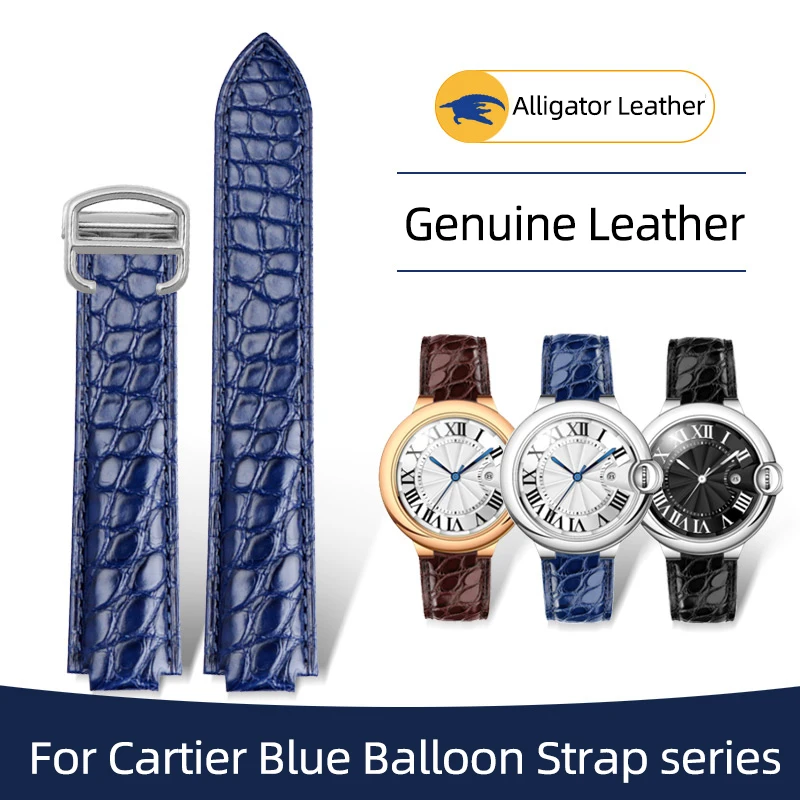 Alligator Leather Strap For Cartier Blue Balloon Strap Genuine Leather Blue Black Brown Watch Band for Men and Women Raised Brac