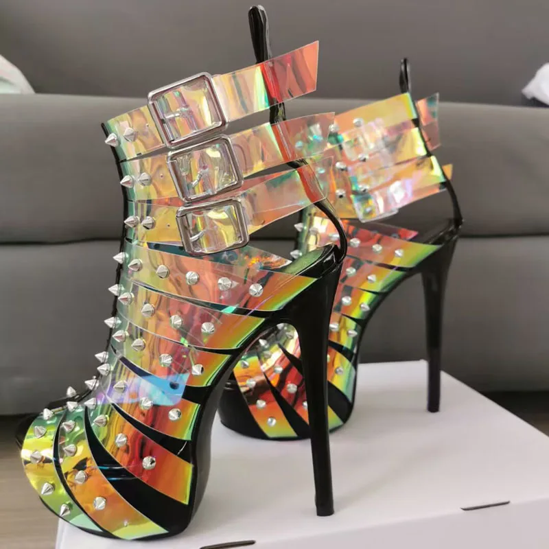 Sexy High Platform Rivets Studs Intrigue PVC Straps Sandals Boots Stiletto High Heels Peep Toe Cutout Summer Sandals for Woman