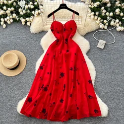 Women Vintage Sleeveless Elegant Floral Print Slim Long A-line Straps Dresses French Evening Fashion High Street Autumn Clothing