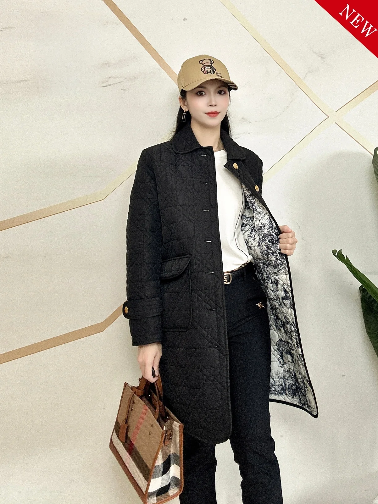 

Winter New Women's Faion Long Lightweight Cotton Jaet Quilted Pattern Turn-down Collar Warm Sli Coat Straight Cut Sle