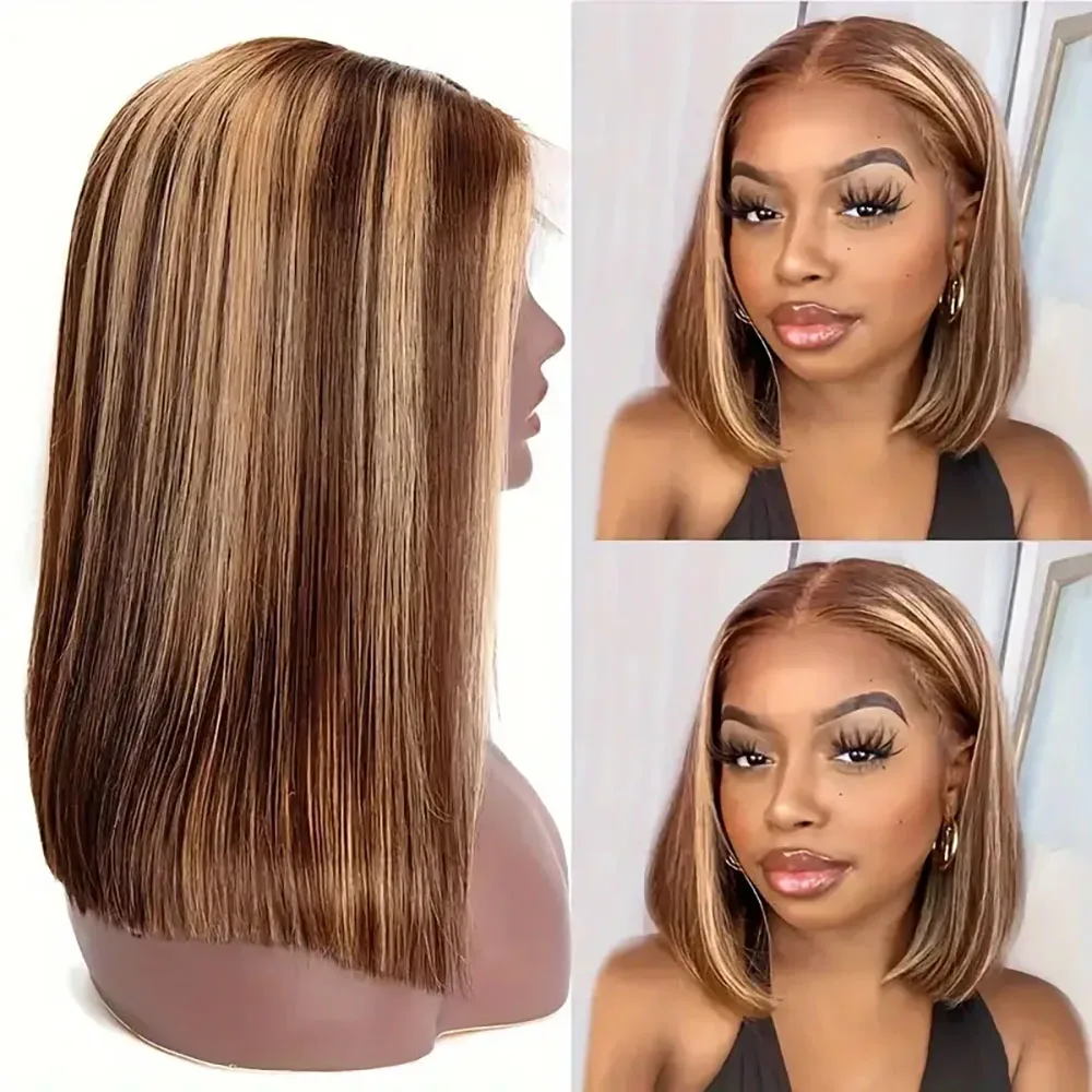 200 Dichte 4/27 Highlight Bob Perücken Glattes Echthaar 13x4 Transparente Lace Front Perücken für Frauen