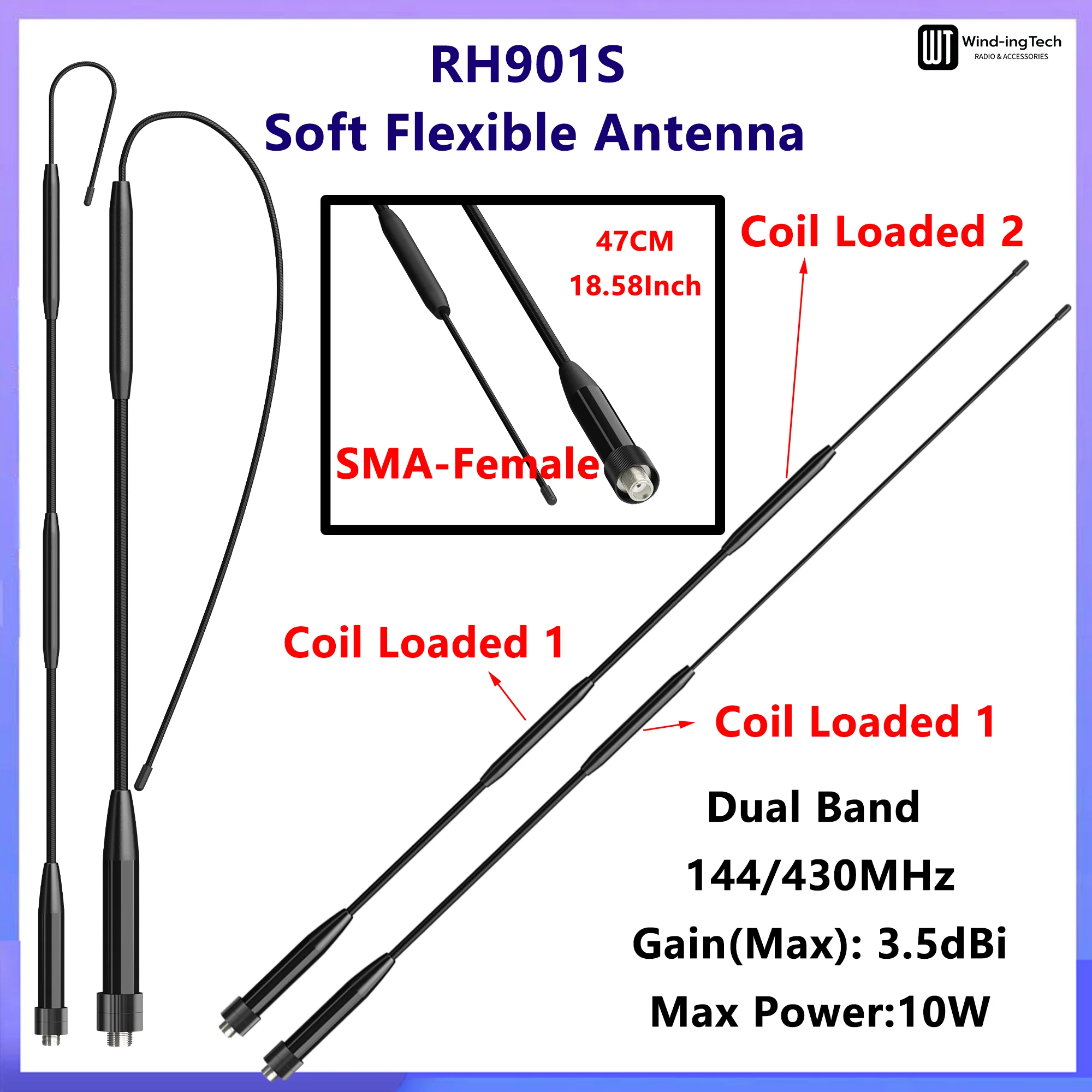 RH901S Soft Flexible Antenna SMA-Female Coil Loaded High Gain Dual Band 144/430/900MHz For DM-1701A UV-18H BF-K6 UV21 UV25 Radio