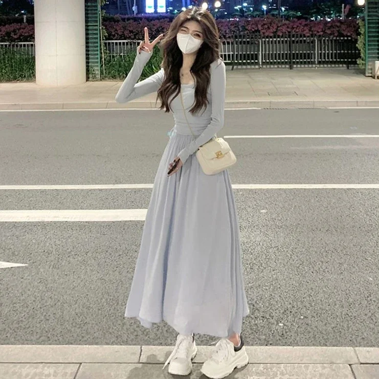 Elegant Collarbone Long Sleeved Dress for Women In Autumn 2023, Square Neck Light Blue Long Skirt, Elastic Waist A-line Skirt