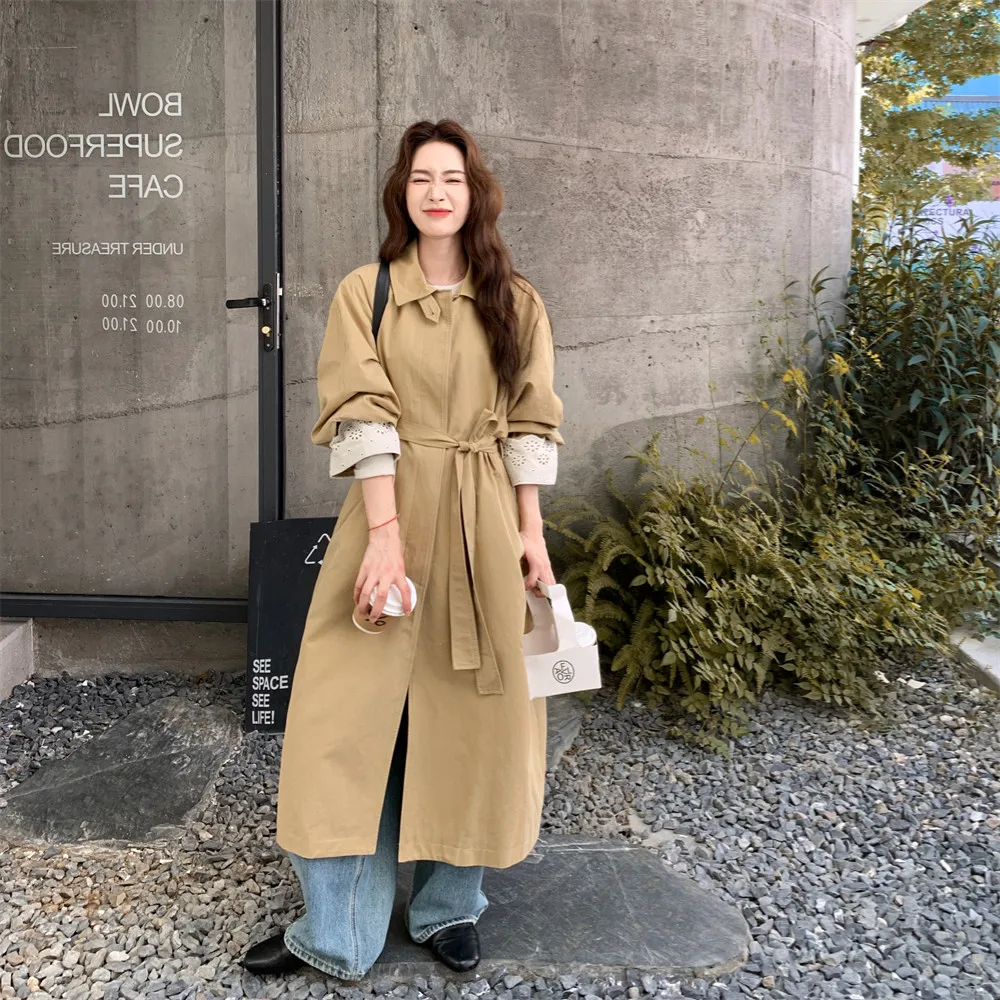 SuperAen Khaki Lace-up Patchwork Hollow Out Long-sleeved Coat for Women Spring and Autumn 2026 New Unique Design Coats