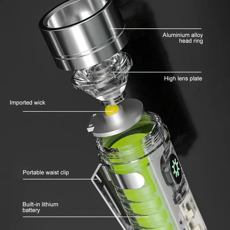 Multifunction Portable Torch Camping Lights USB C Rechargeable LED Flashlight LED MINI Keychain Light with Tail Magnet Uv Light