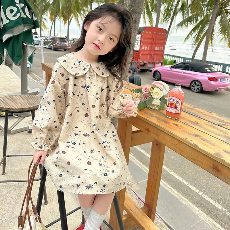 Spring Girls Fragmented Flower Dress Autumn New Children\'s Long sleeved Doll Neck Dress Baby Kids Pure Cotton Princess Dress