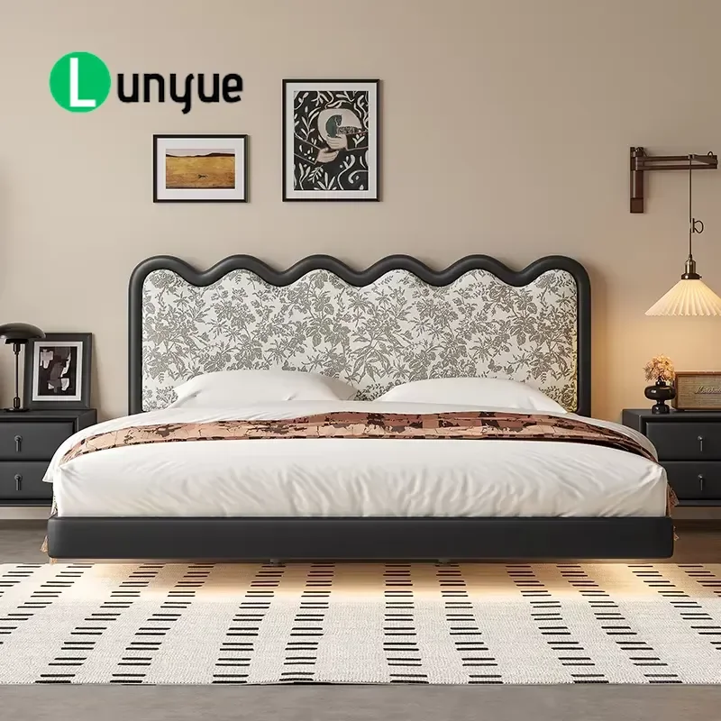 Wave Leather Bed with Exquisite Floral Headboard for Mid-Century Modern Bedroom Stylish Comfortable Durable Home Furniture