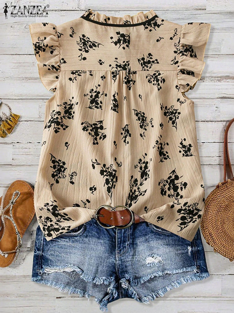 ZANZEA 女性の夏のフリルシャツ 2025 半袖チュニックトップボヘミアン花柄ブラウスヴィンテージファッションボタンカジュアル Blusas