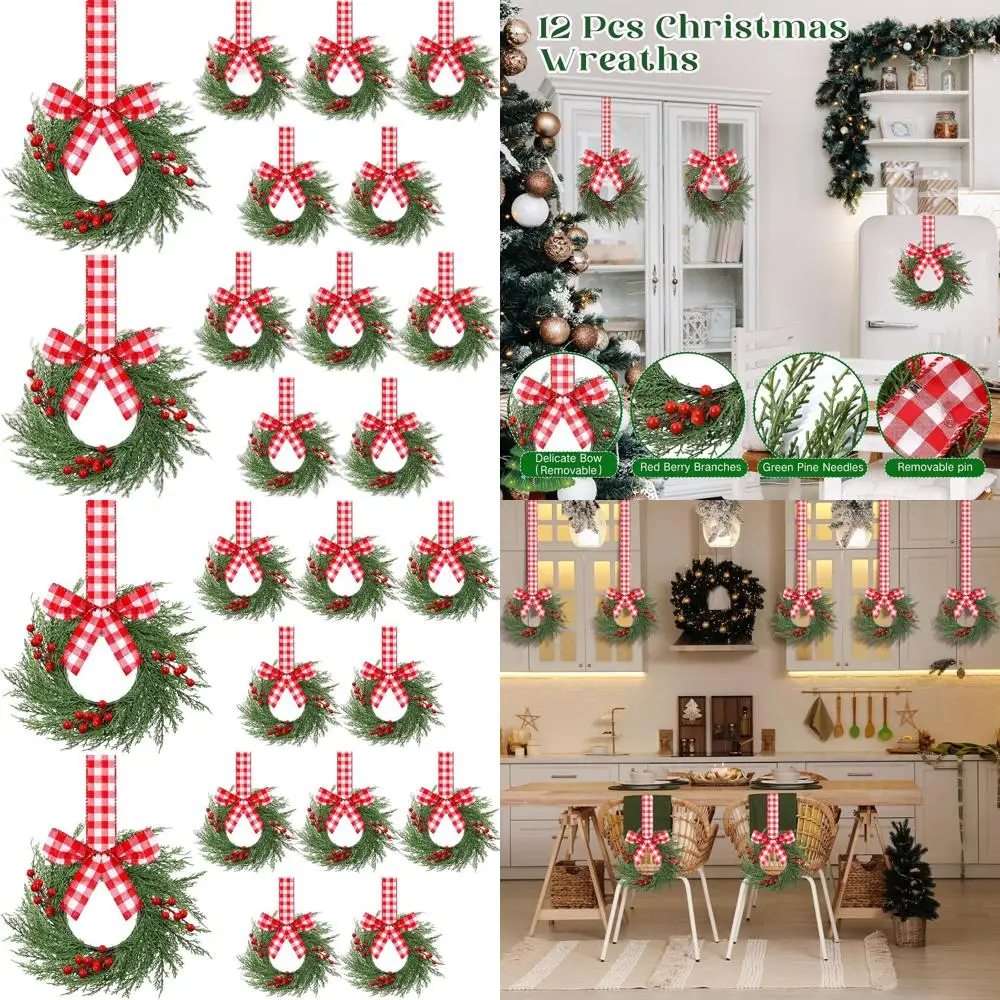 

Набор из 12 мини-рождественских венков с красно-белыми клетчатыми бантами из буйвола для кухонных шкафов, дверей, крыльца и окон