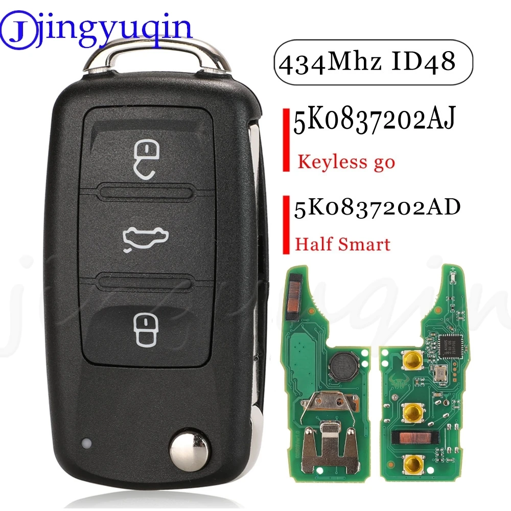 Jingyuqin Keyless go 5K0837202AJ 3 przyciski zdalny klucz do VW Caddy Eos Golf Jetta Beetle Polo Tiguan Touran