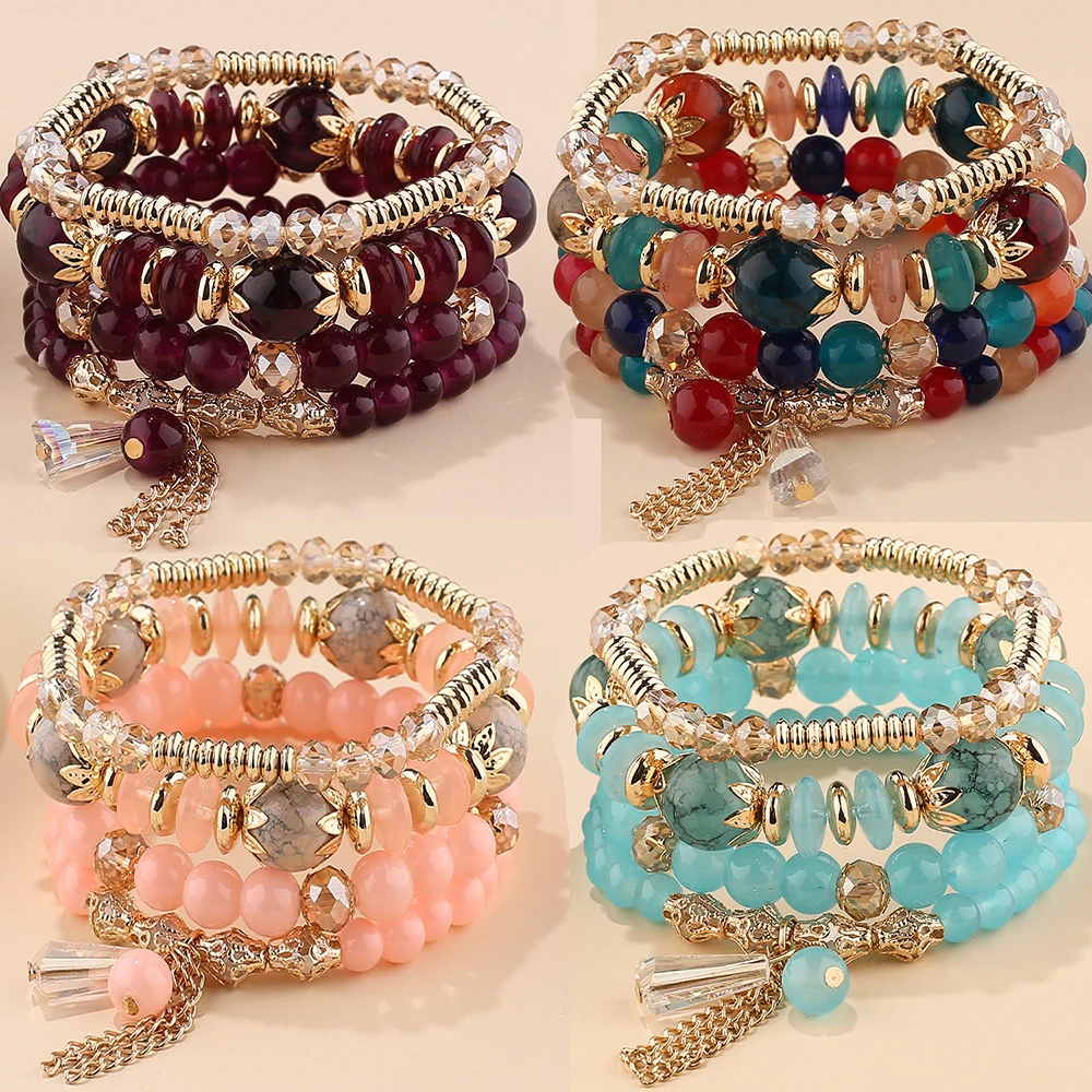 

Bohemia Style Bracelet Multi-Layer Crystal Beaded Bracelet Tassel DIY Accessories High Quality Women Temperament Bangle Jewelry