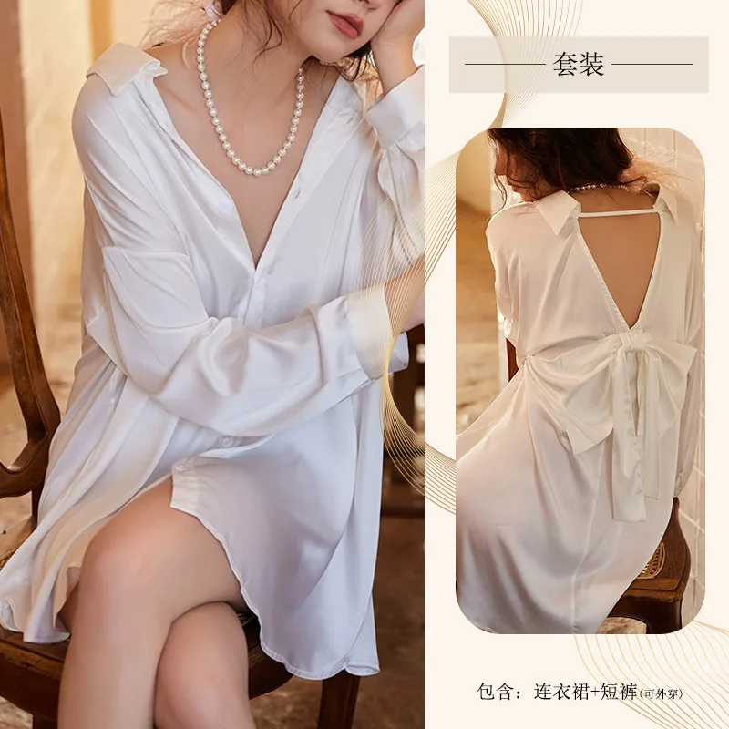 Plus Size Sexy Pajamas Women Satin Silky Boyfriend Style White Shirt Nightdress Bow Backless Loose Mini Dress with Shorts