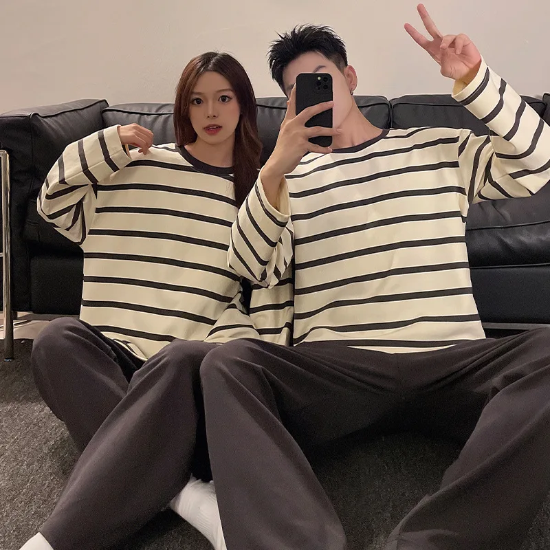 Couple Nightwear Men Women Cotton Pajamas Set Big Size Autumn Nightwear Homewear Set Long Sleeve Pant Korean Kawaii Clothes