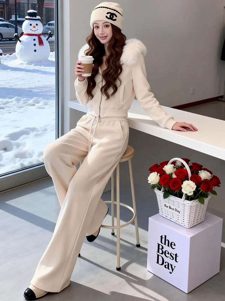 

High-End Brand Casual Ensemble Women's Spring New Fleece-Lined Hooded Open Cardigan High Waist Wide Leg Pants Two-Piece Set
