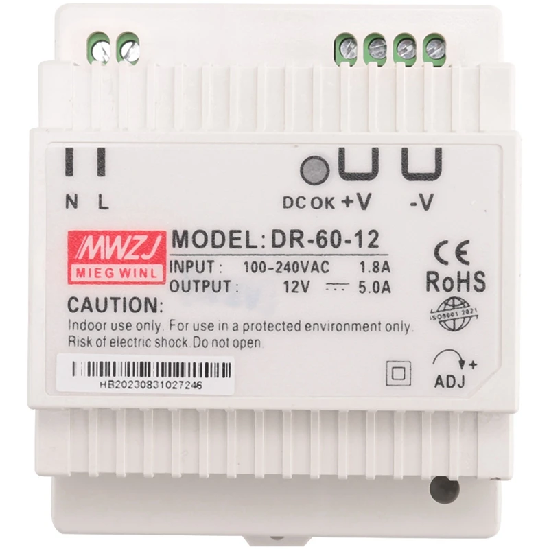 -60-12 Transformador Fuente de alimentación industrial en carril DIN de 12 voltios y 5 amperios Fuente de alimentación de 220 V CA a 12 V CC (12 V)