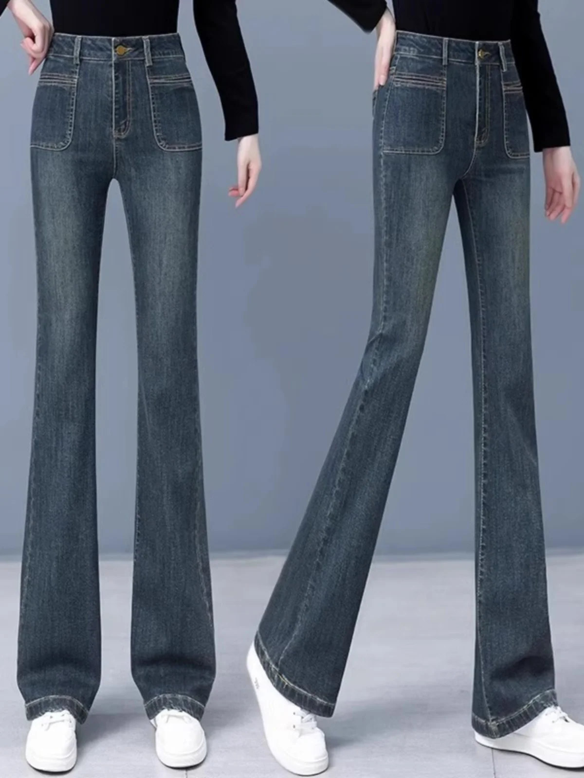 

Retro Faded High Waist Women's Jeans Slim Fit Elastic Micro Flared Pants Long Cotton Stretch Denim Autumn Faion plus Size