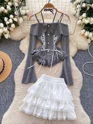 Harajuku Japanese Kawaii Sweet Knit 2 Pieces Set Women Strap Ruffle Flounce Tops+Elastic Waist Mini Skirt Y2K Cute Casual Suits