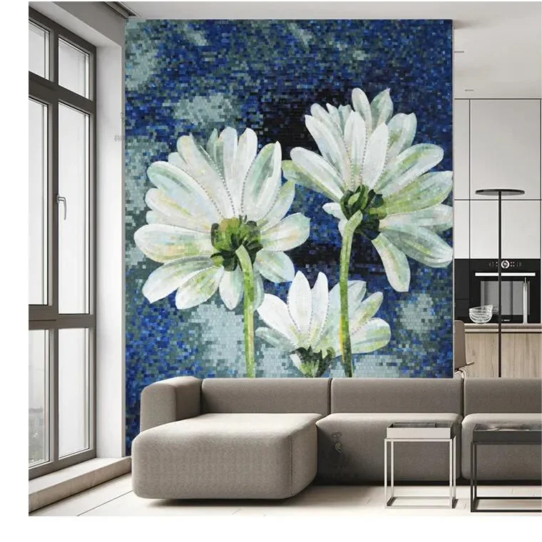 

Customized beautiful chrysanthemum flowers mosaic tile glass handcut art mosaic mural for wall decor