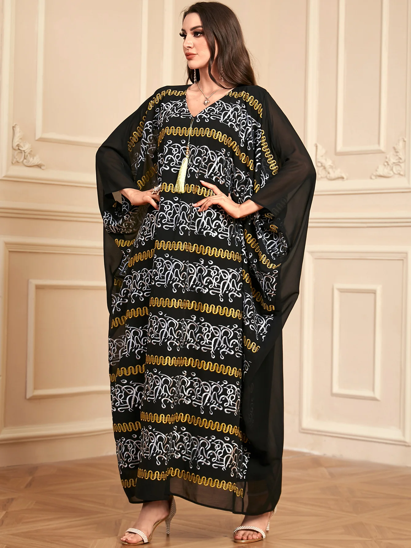 Robe musulmane brodée à pampilles pour femmes, Abayas du Ramadan, Djellaba de l'Aïd, Manches chauve-souris, Kaftan de Turquie, Robe arabe, Caftan marocain