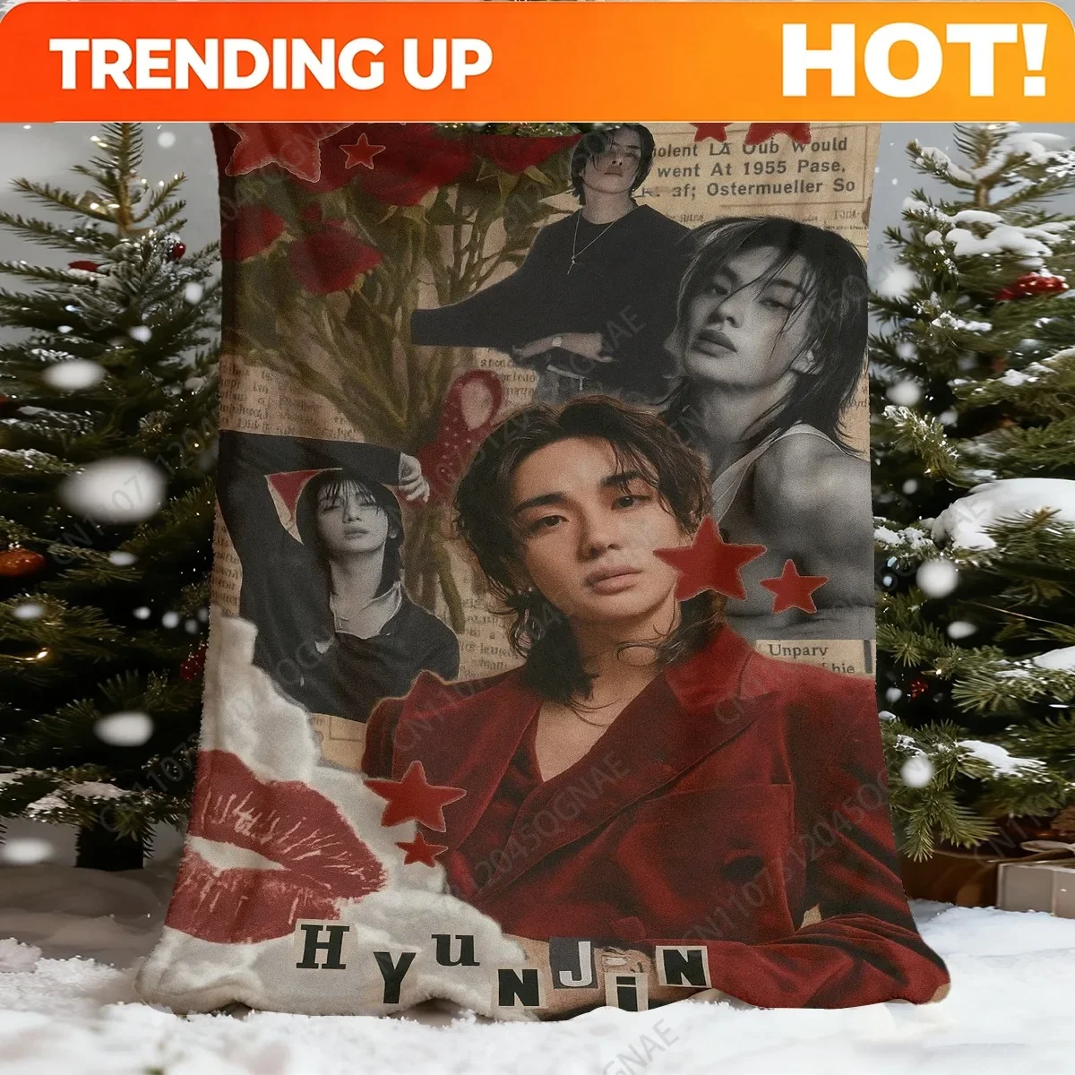 Custom Hyunjin Korean Idol Collage Art Throw Blanket - Soft Flannel French Style K-Drama Bedspread Suitable For Seasons, Wrinkle