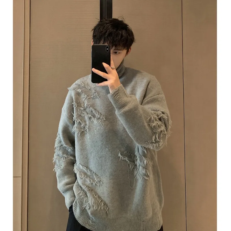 

EBAIHUI Men's Broken Hole High Neck Knitted Sweater Chic Solid Color Round Neck Top Male Loose Casual Long Sleeved Pullover