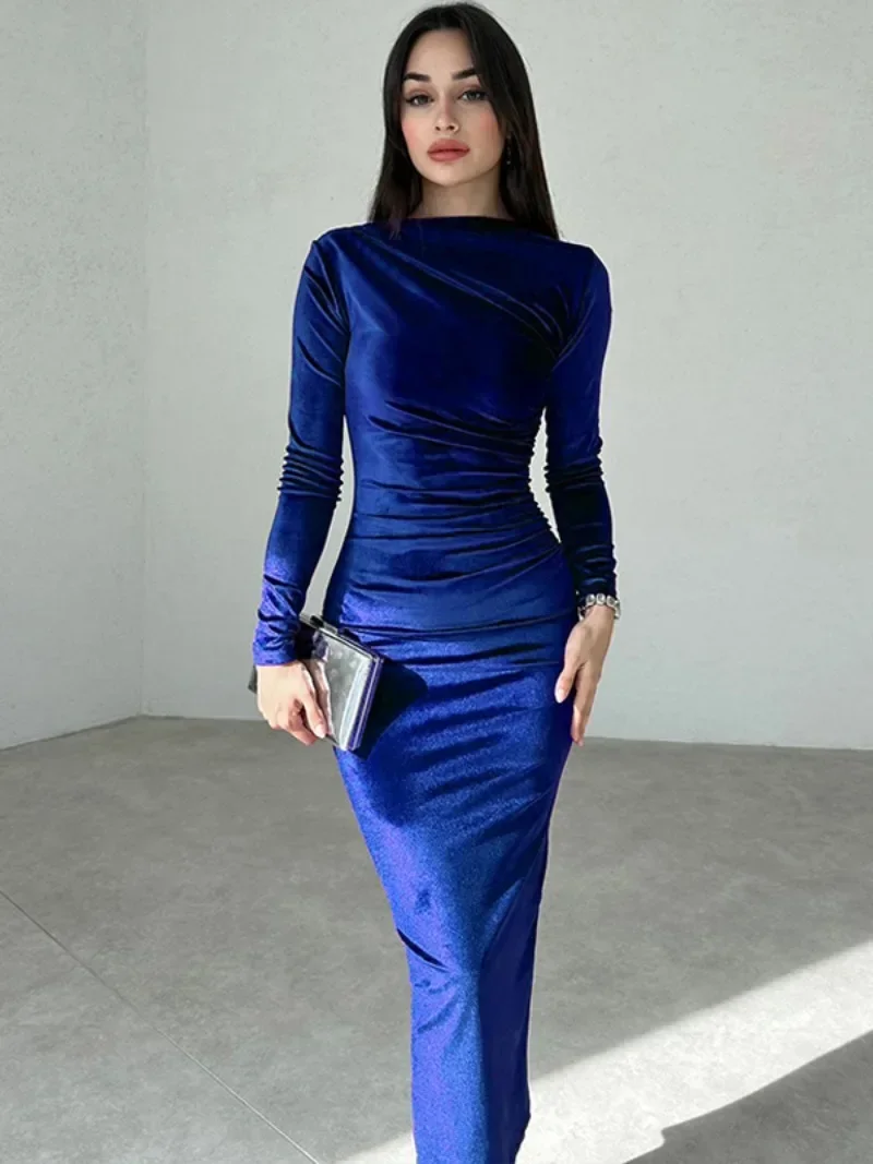 2024 Autumn Women O-neck Folds High Waist Mid-calf Velvet Dress Elegant Fashion Office Lady Bodycon Tunics Party Evening Dresses