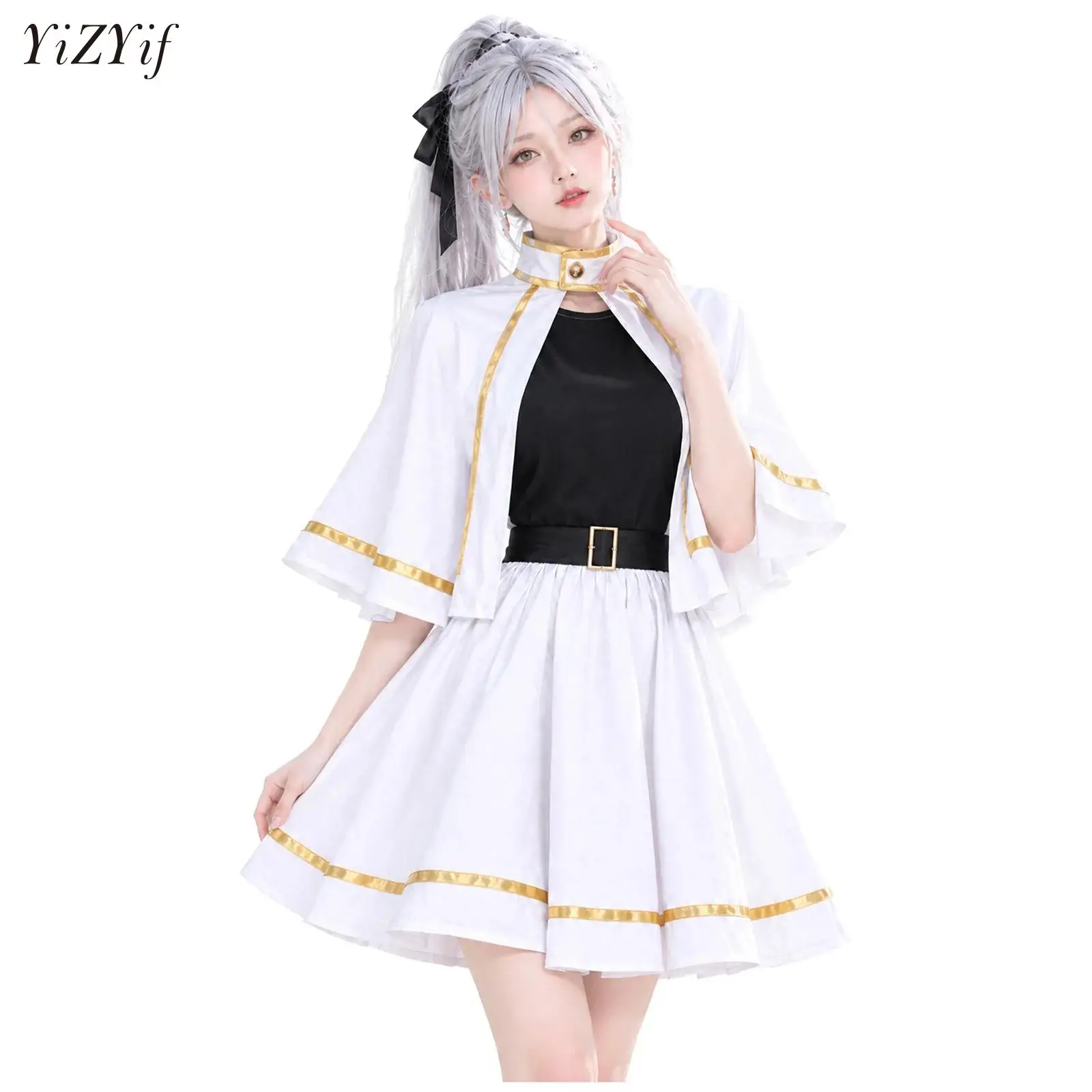 Disfraz de cosplay de anime para mujer, vestido de satén sin mangas con detalles metálicos y capa, ideal para Halloween, fiestas temáticas de disfraces de elfos y de brujas.