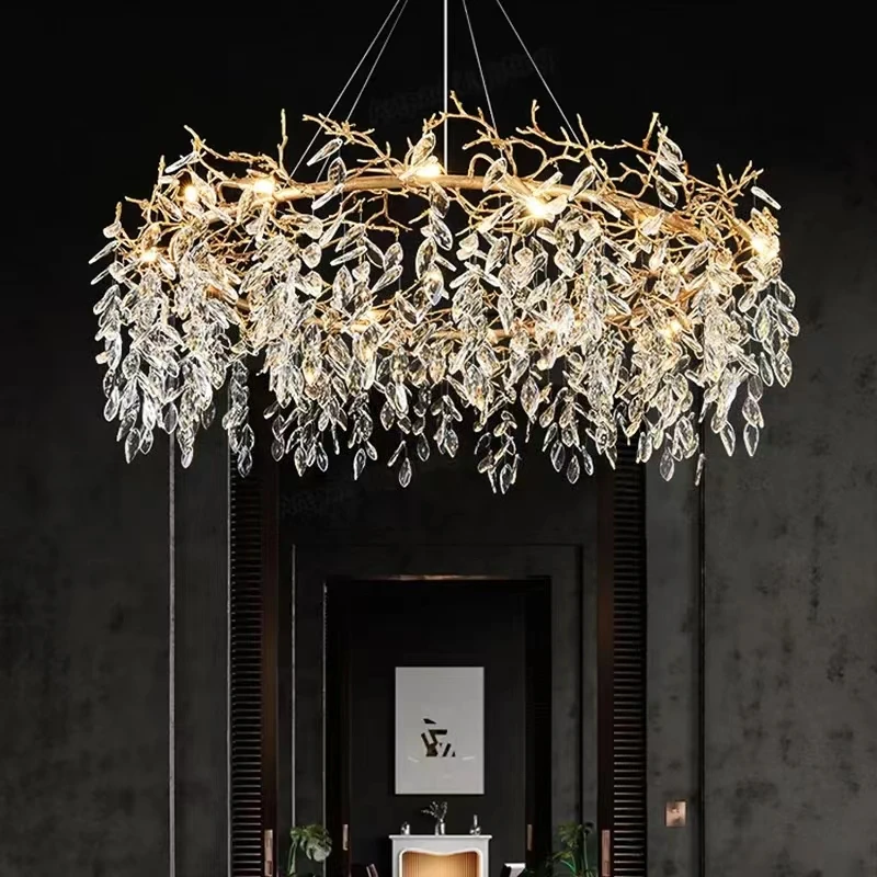 Crystal Pendant Lamp Dining Room Round Branches Simple And Atmospheric Home Decoration Light Luxury Villa Luxurious Living Room