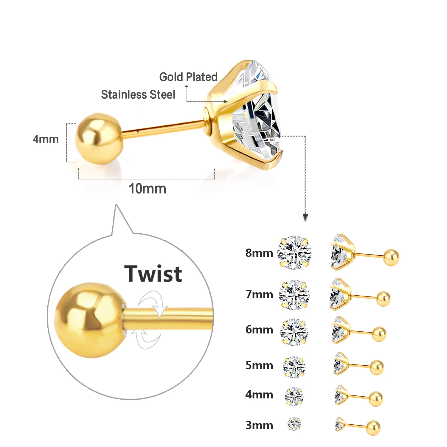 LUXUSTEEL Hot Selling 1/5/10 Pairs Stainless Steel Round Cubic Zirconia Women\'s Earrings Men Stud Earrings Jewelry Accessories
